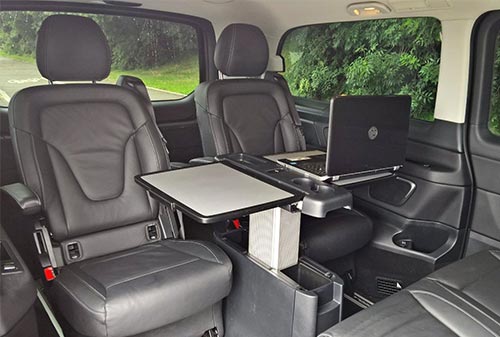 Mercedes Viano working setup with tables and laptop
