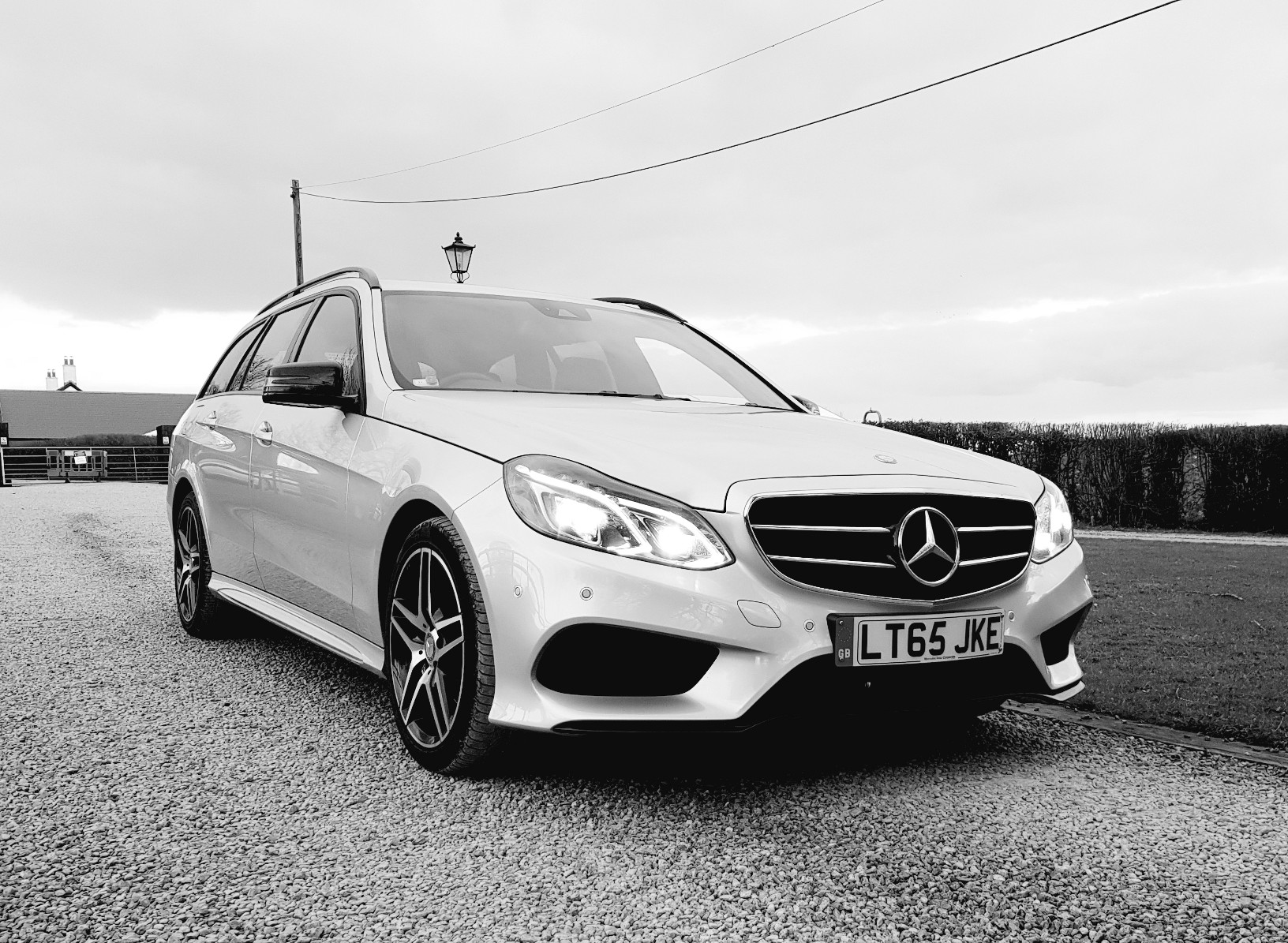 Black and white photo of Mercedes